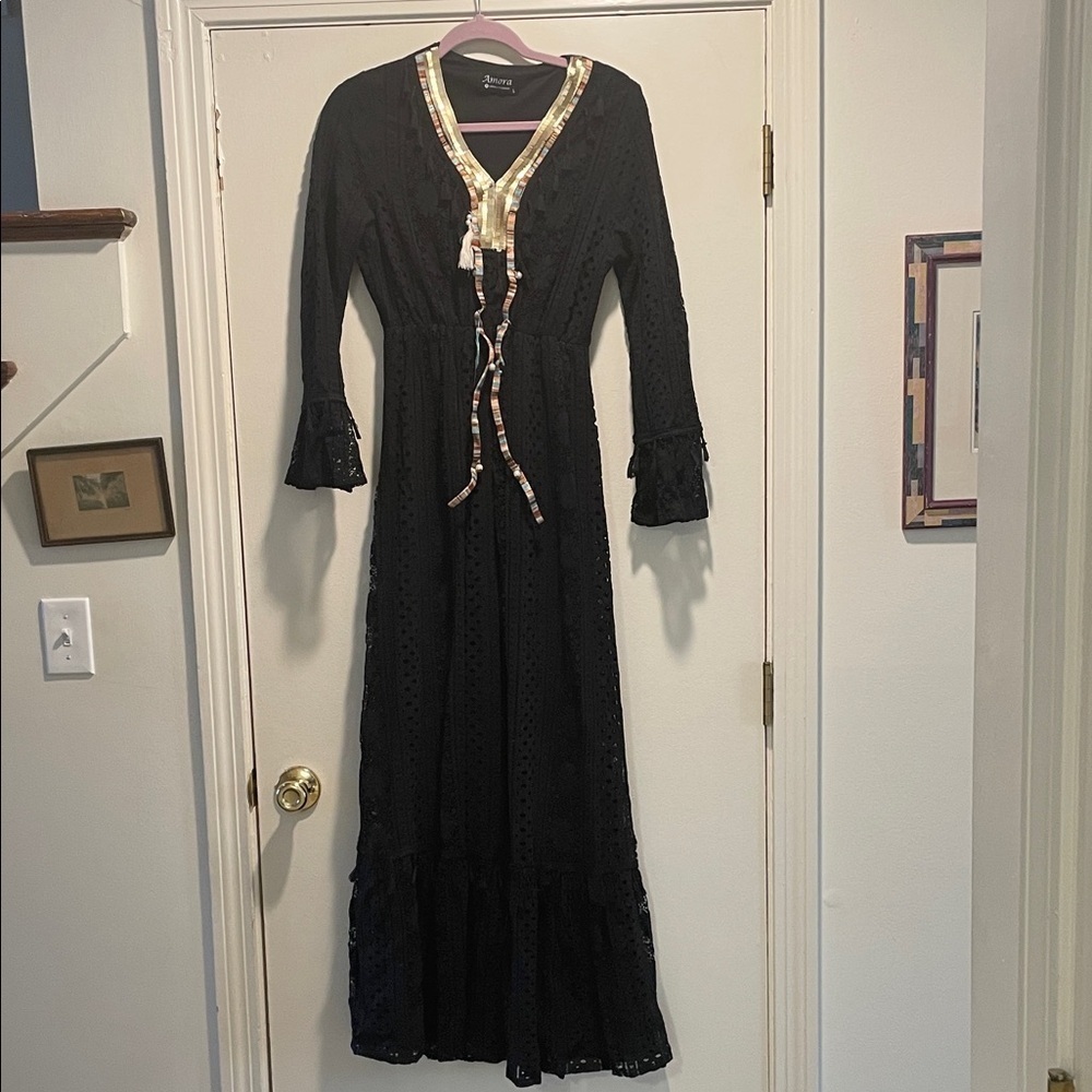 Amora Black Eyelet V Neck Pearl, Tassel & Ribbon Embellishment Maxi Dress